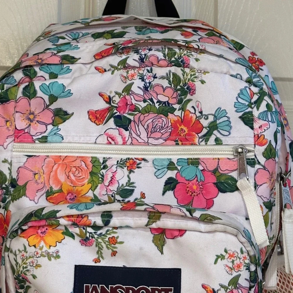 JanSport Big Student Backpack White Floral Print Multi Compartment School Bag